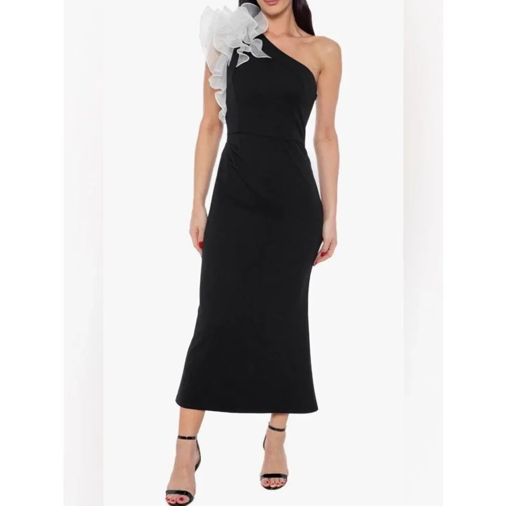 MARINA White Ruffle One Shoulder Cocktail Dress Black Midi Plus Size 2X